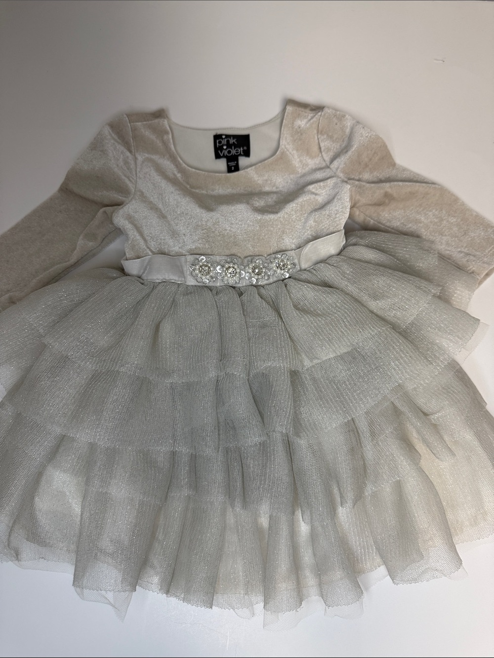 Pink & Violet Silver Gray Velvet & Tulle Dress - Size 2